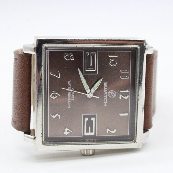 Ewatch Mens Watch Silver Tone Stainless Steel Classic Brown Leather Band - Picture 5 of 8